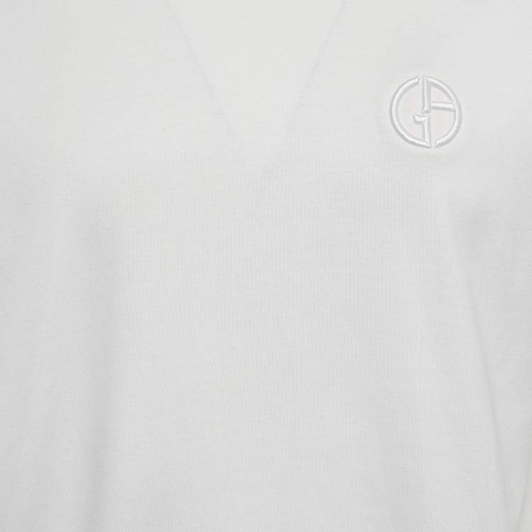 Pre Owned Giorgio Armani White Logo Embroidered Jersey T-Shirt M