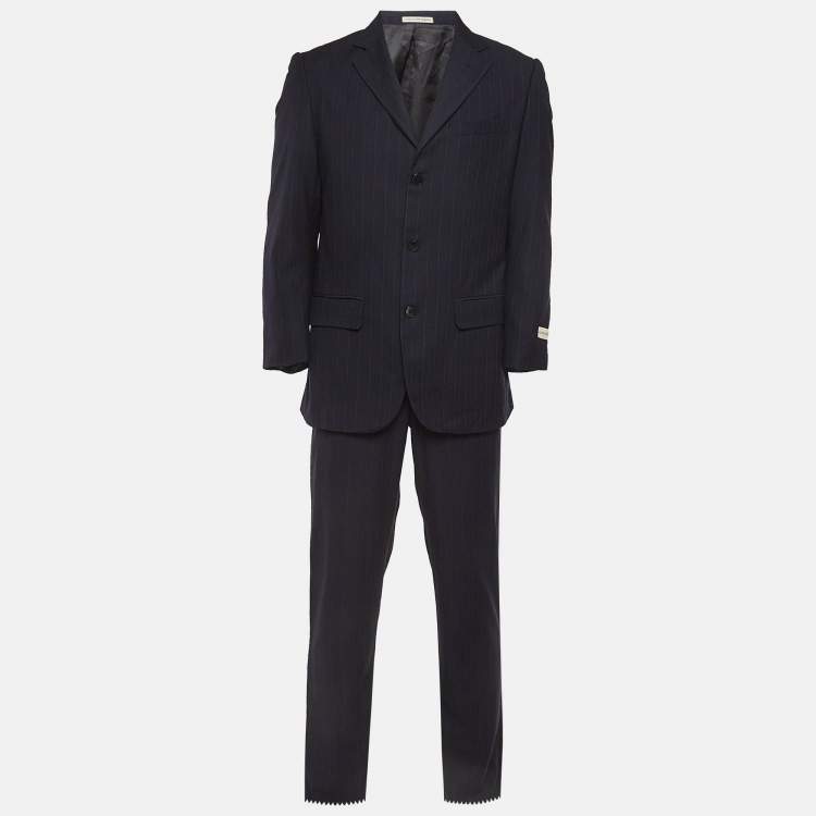 Pre Owned Giorgio Armani Navy Striped Wool Suit S