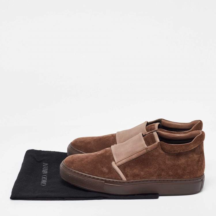 Pre Owned Giorgio Armani Brown Suede and Leather Slip On Sneakers Size 39