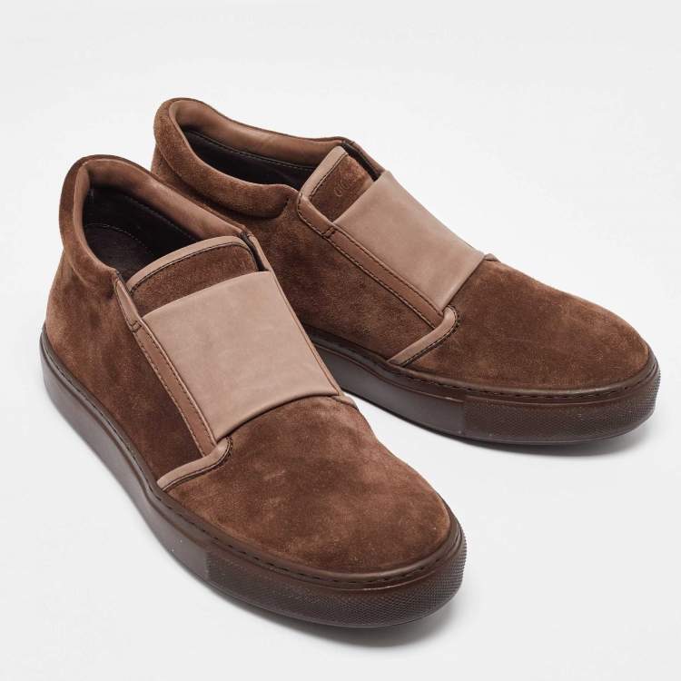 Pre Owned Giorgio Armani Brown Suede and Leather Slip On Sneakers Size 39