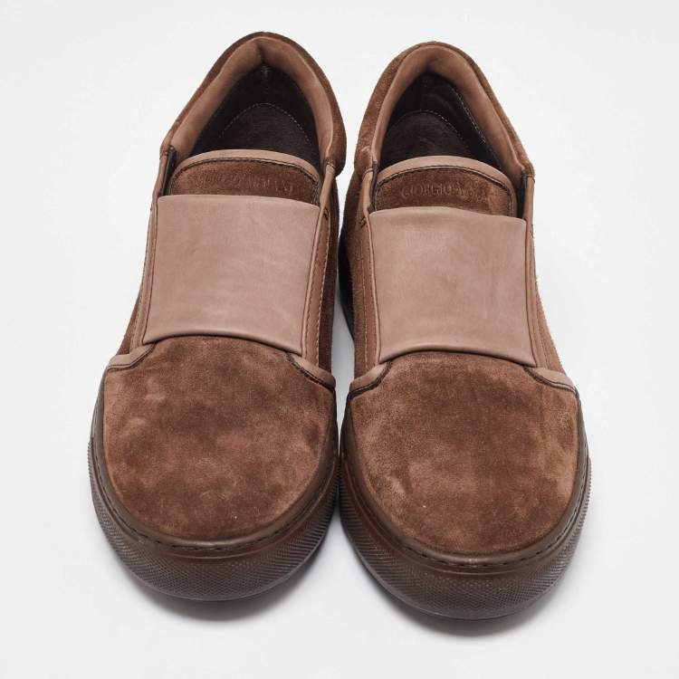 Pre Owned Giorgio Armani Brown Suede and Leather Slip On Sneakers Size 39