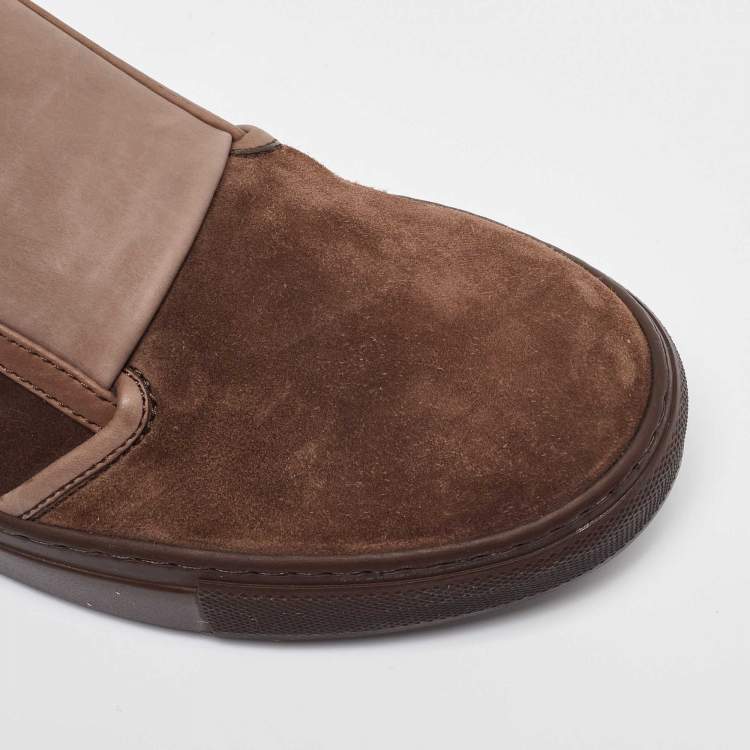 Pre Owned Giorgio Armani Brown Suede and Leather Slip On Sneakers Size 39
