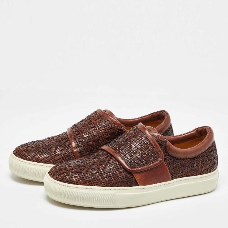 Pre Owned Giorgio Armani Brown Woven Leather Slip On Sneakers Size 38