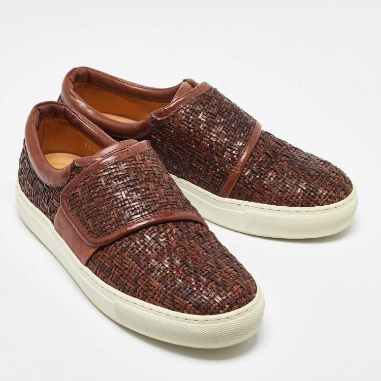 Pre Owned Giorgio Armani Brown Woven Leather Slip On Sneakers Size 38