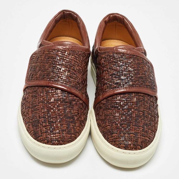 Pre Owned Giorgio Armani Brown Woven Leather Slip On Sneakers Size 38