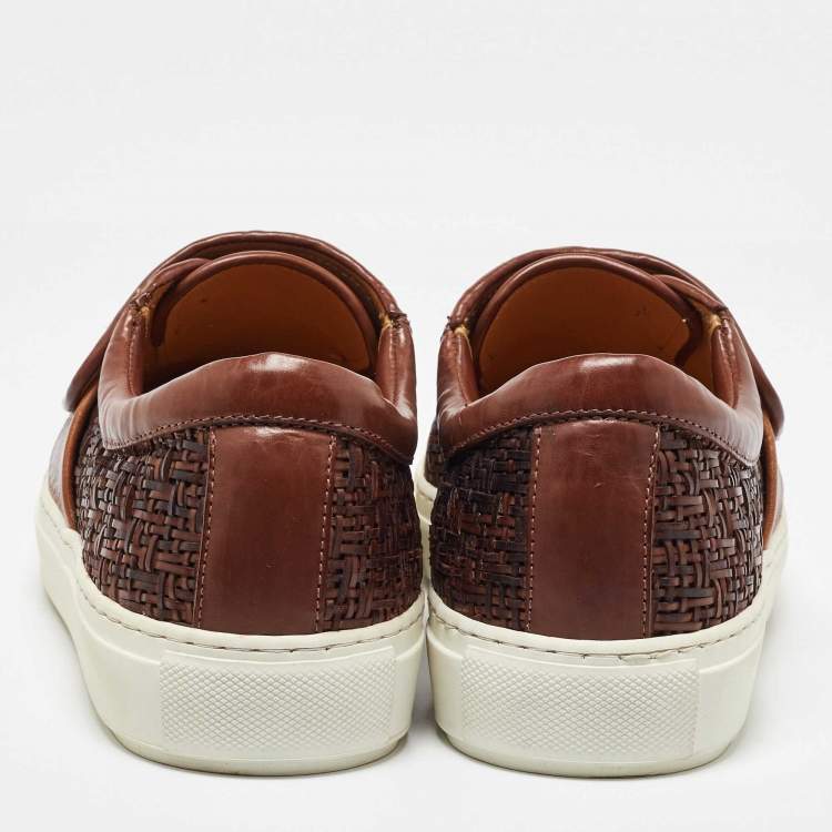 Pre Owned Giorgio Armani Brown Woven Leather Slip On Sneakers Size 38