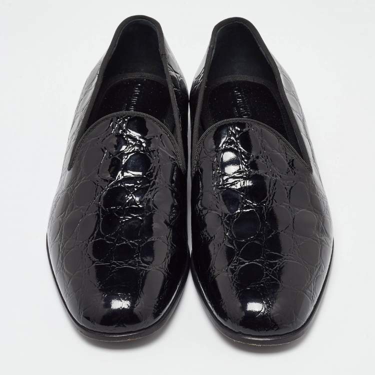 Pre Owned Giorgio Armani Black Croc Embossed Patent Leather Loafers Size 39 - Size 39