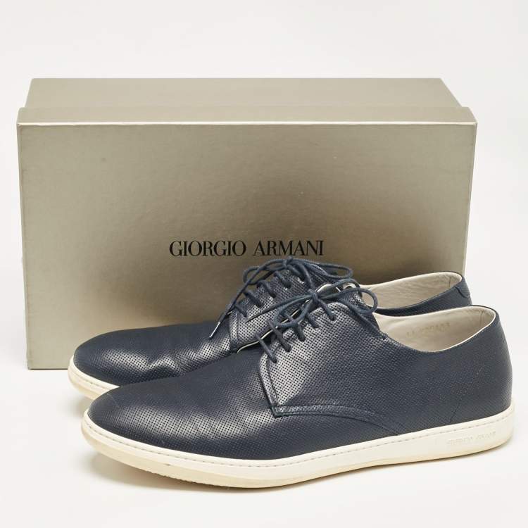 Pre Owned Giorgio Armani Navy Blue Perforated Leather Low Top Sneakers Size 45