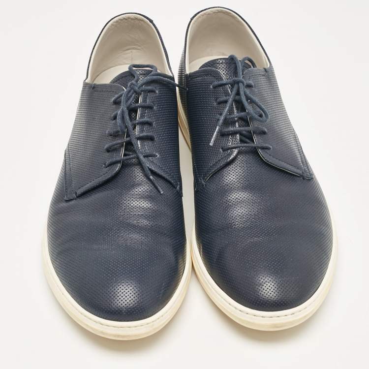 Pre Owned Giorgio Armani Navy Blue Perforated Leather Low Top Sneakers Size 45