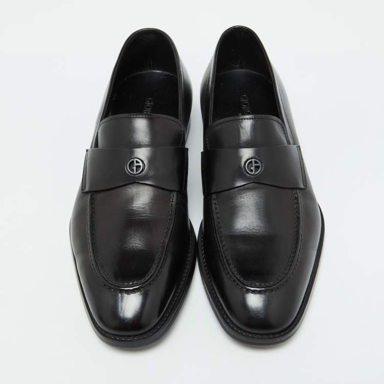 Pre Owned Giorgio Armani Black Leather Logo Slip On Loafers Size 38