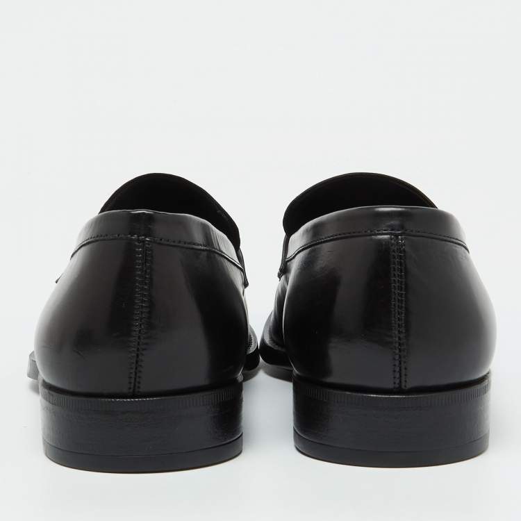 Pre Owned Giorgio Armani Black Leather Logo Slip On Loafers Size 38