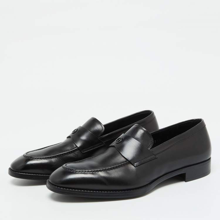 Pre Owned Giorgio Armani Black Leather Logo Slip On Loafers Size 38