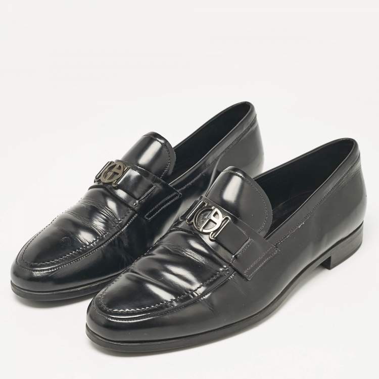 Pre Owned Giorgio Armani Black Leather Logo Slip On Loafers Size 41