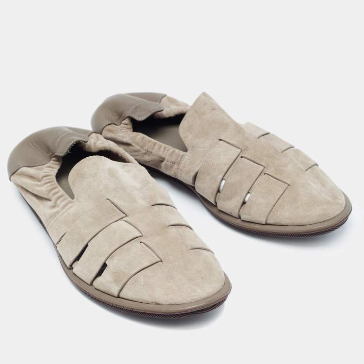Pre Owned Giorgio Armani Grey Leather and Suede Slipery Flats Size 43