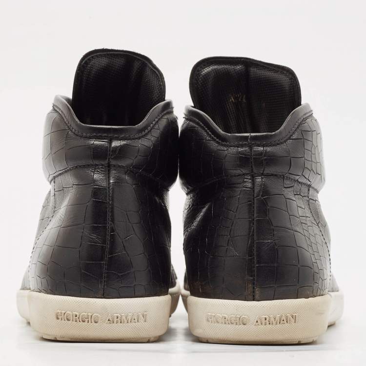 Pre Owned Giorgio Armani Black Croc Embossed Leather Lace Up Sneakers Size 43