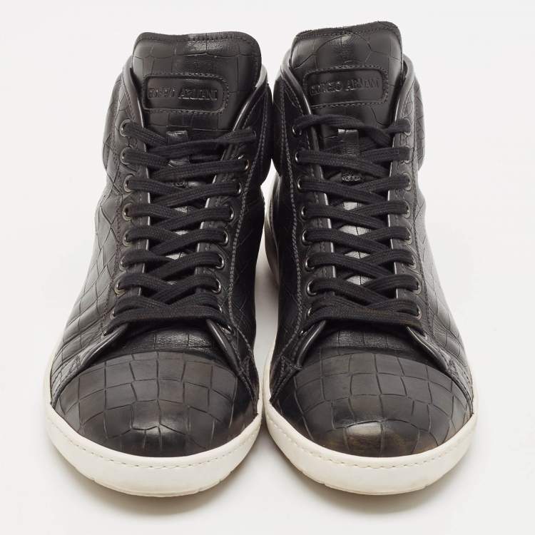 Pre Owned Giorgio Armani Black Croc Embossed Leather Lace Up Sneakers Size 43