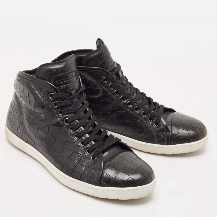 Pre Owned Giorgio Armani Black Croc Embossed Leather Lace Up Sneakers Size 43