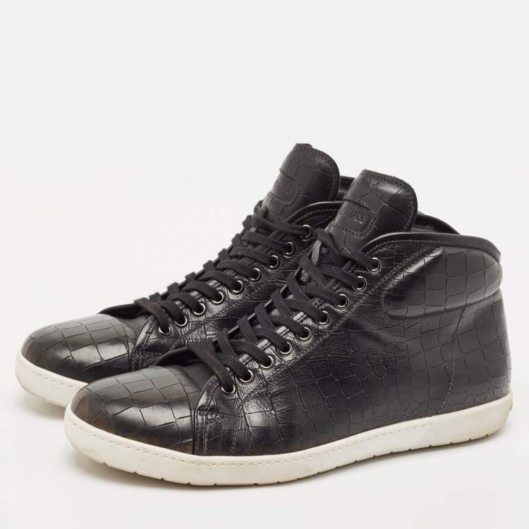 Pre Owned Giorgio Armani Black Croc Embossed Leather Lace Up Sneakers Size 43