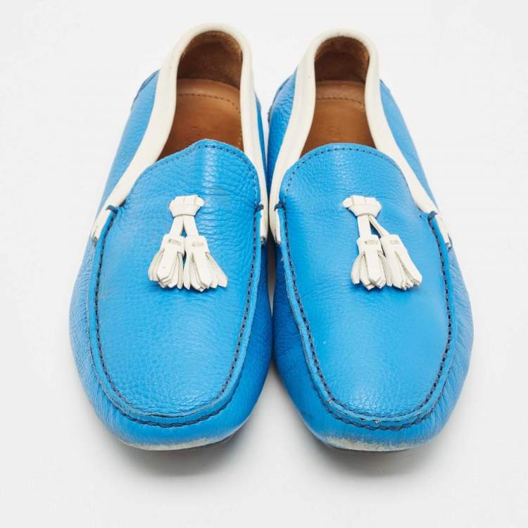 Pre Owned Giorgio Armani Blue/White Leather Slip On Loafers Size 41.5