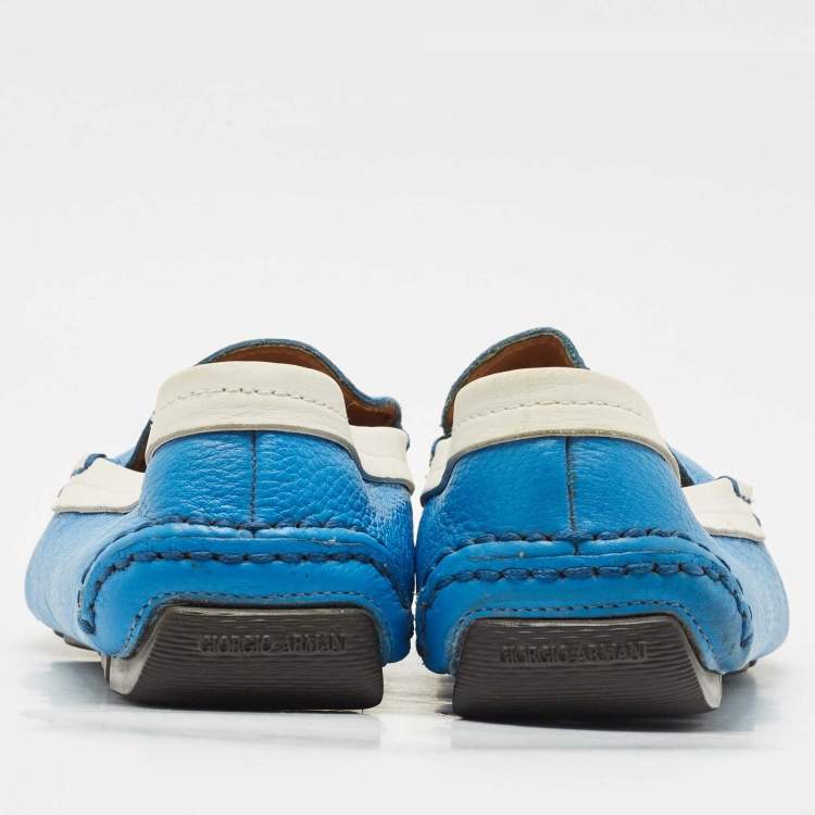 Pre Owned Giorgio Armani Blue/White Leather Slip On Loafers Size 41.5