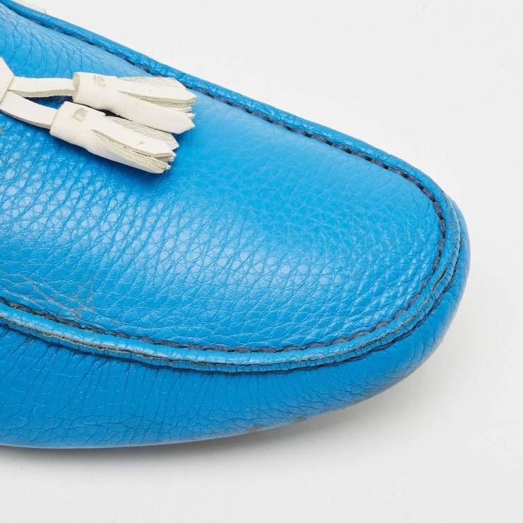 Pre Owned Giorgio Armani Blue/White Leather Slip On Loafers Size 41.5