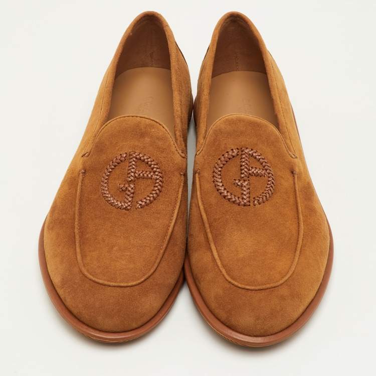 Pre Owned حذاء لوفرز جورجيو أرماني سليب أون سويدي مطرز بشعار بني مقاس 41