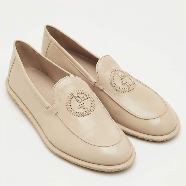 Pre Owned حذاء لوفرز جورجيو أرماني جلد بيج مطرز شعار سليب أون مقاس 41