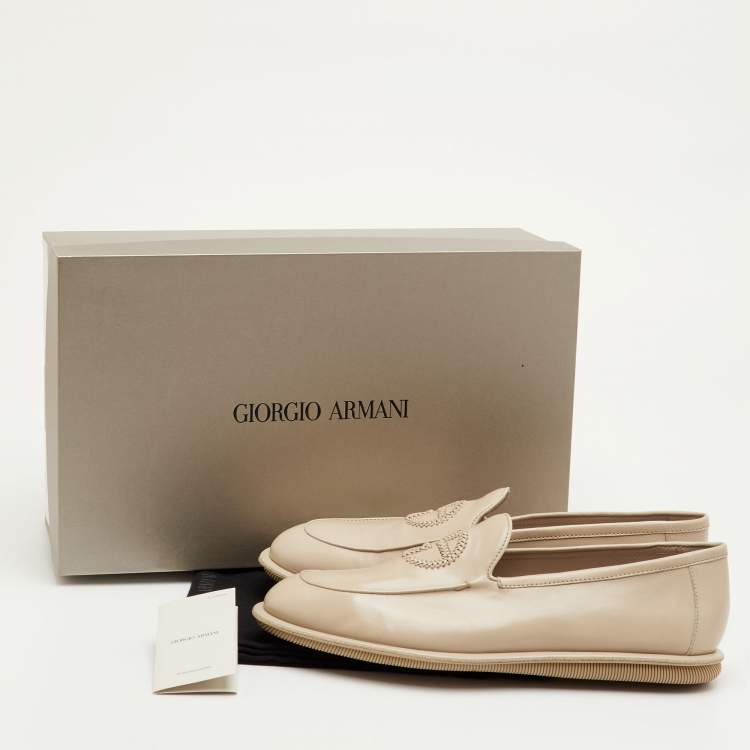 Pre Owned حذاء لوفرز جورجيو أرماني جلد بيج مطرز شعار سليب أون مقاس 41