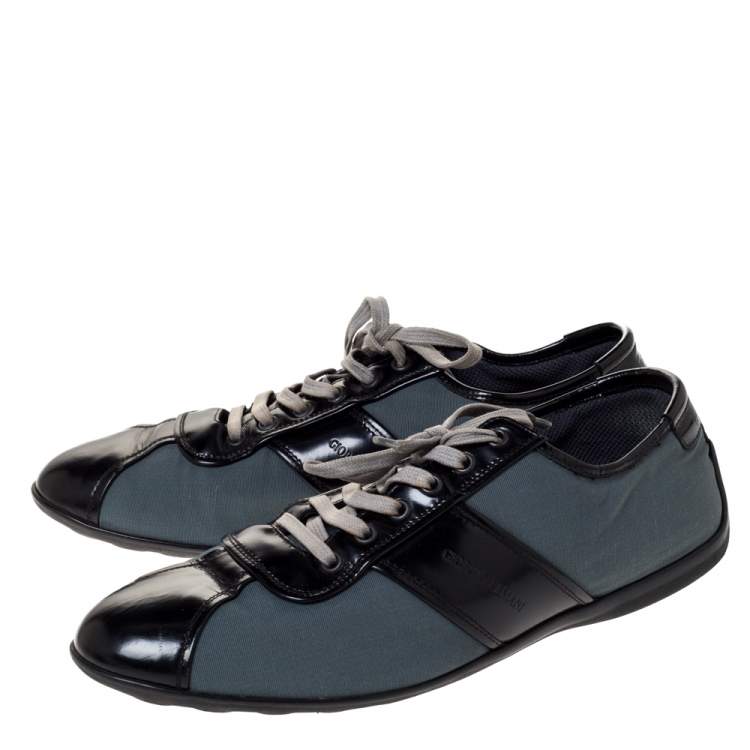 Pre Owned Giorgio Armani Black/Dark Teal Nylon and Leather Lace Low Top Sneakers Size 44