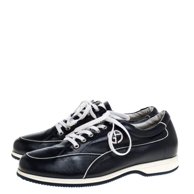 Pre Owned Giorgio Armani Dark Blue Leather Lace Low Top Sneakers Size 42