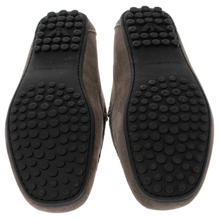 Pre Owned Emporio Armani Grey Suede Logo Embossed Slip On Loafers Size 43