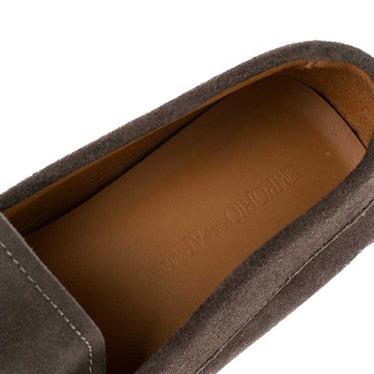 Pre Owned Emporio Armani Grey Suede Logo Embossed Slip On Loafers Size 43
