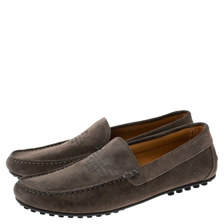 Pre Owned Emporio Armani Grey Suede Logo Embossed Slip On Loafers Size 43