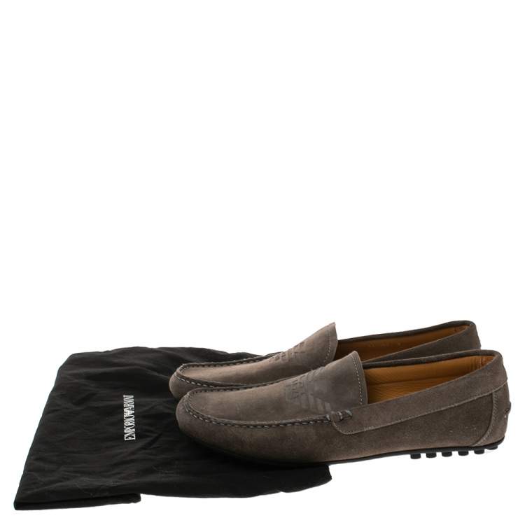 Pre Owned Emporio Armani Grey Suede Logo Embossed Slip On Loafers Size 43