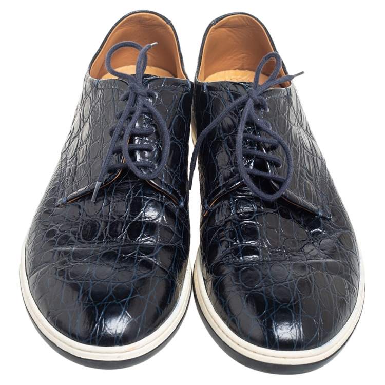 Pre Owned Giorgio Armani Black Croc Embossed Leather Slip On Sneakers Size 41