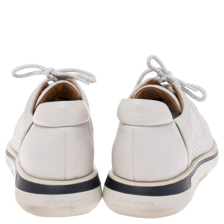 Pre Owned Giorgio Armani Grey Laser Cut Leather Low Top Sneakers Size 42
