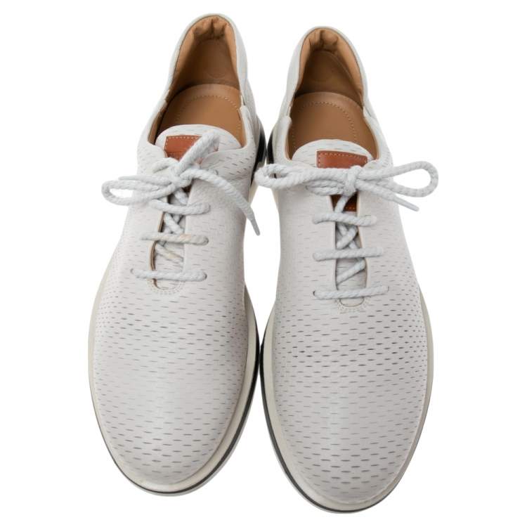 Pre Owned Giorgio Armani Grey Laser Cut Leather Low Top Sneakers Size 42