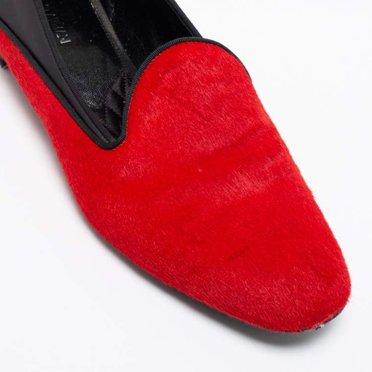 Pre Owned Giorgio Armani Red/Black Pony Hair and Leather Loafer Size 38
