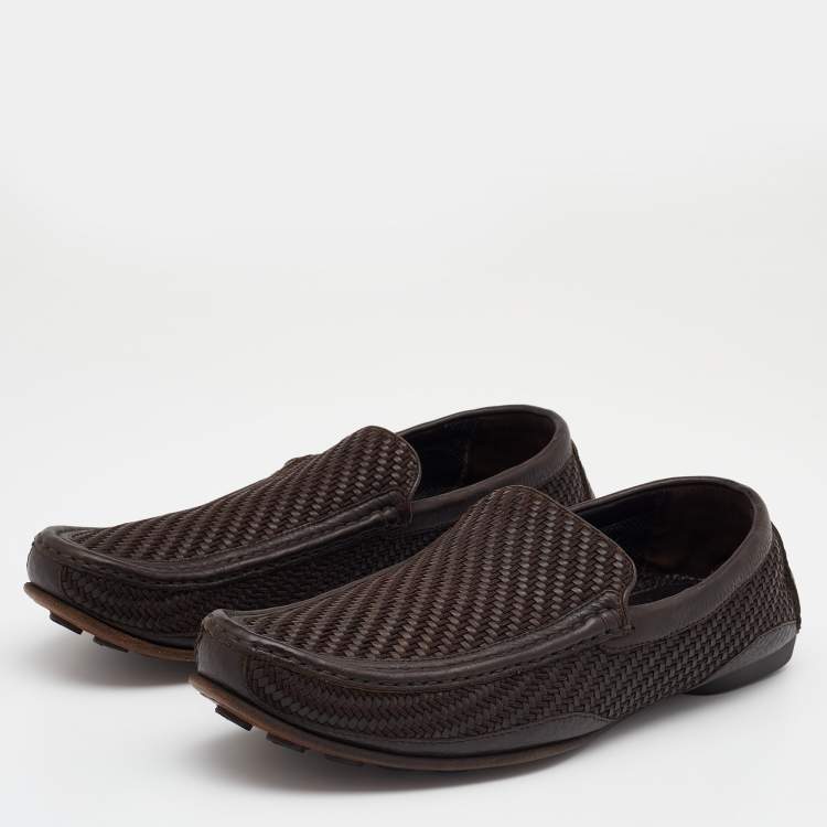 Pre Owned Giorgio Armani Dark Brown Woven Leather Slip On Loafers Size 43.5