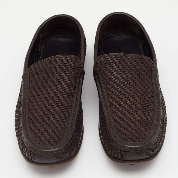 Pre Owned Giorgio Armani Dark Brown Woven Leather Slip On Loafers Size 43.5
