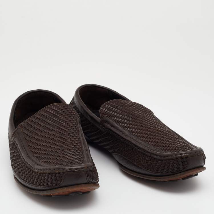 Pre Owned Giorgio Armani Dark Brown Woven Leather Slip On Loafers Size 43.5