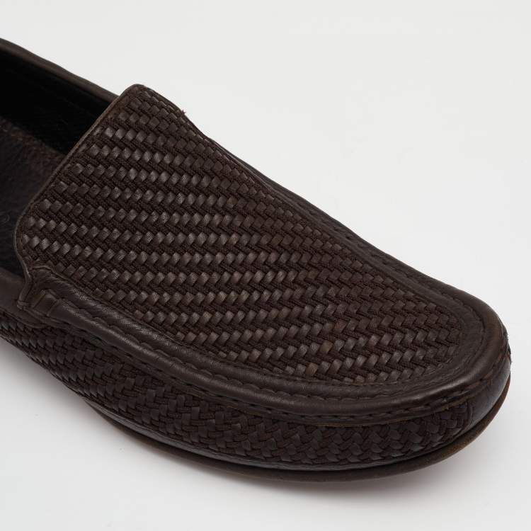 Pre Owned Giorgio Armani Dark Brown Woven Leather Slip On Loafers Size 43.5