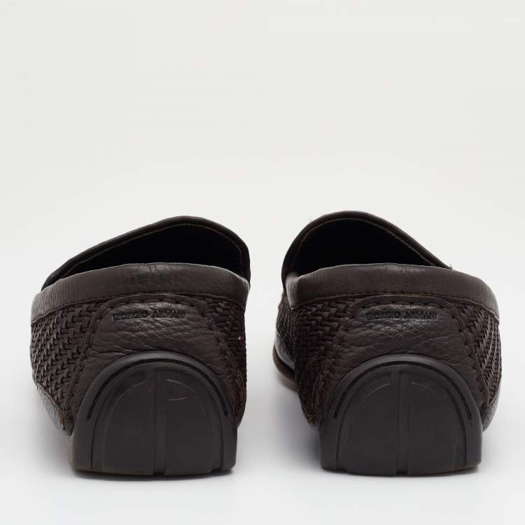 Pre Owned Giorgio Armani Dark Brown Woven Leather Slip On Loafers Size 43.5