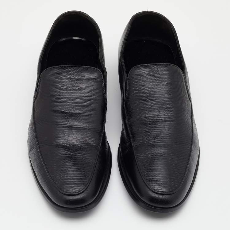 Pre Owned Giorgio Armani Black Lizard Embossed Leather Slip On Loafers Size 44