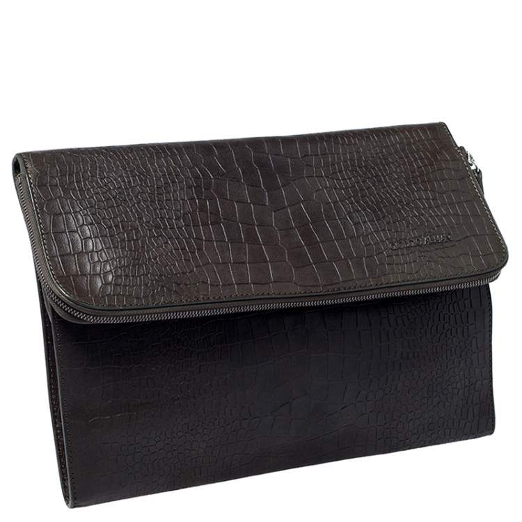 Pre Owned Giorgio Armani Dark Green Crocodile Embossed Leather Fold Over Document Case