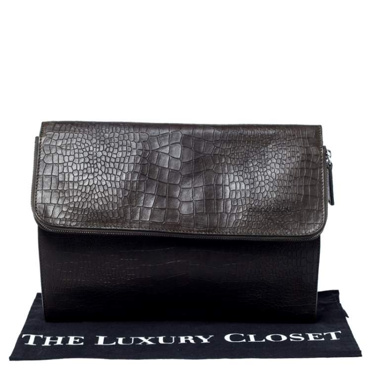 Pre Owned Giorgio Armani Dark Green Crocodile Embossed Leather Fold Over Document Case