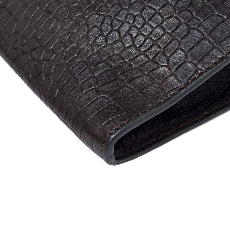 Pre Owned Giorgio Armani Dark Green Crocodile Embossed Leather Fold Over Document Case