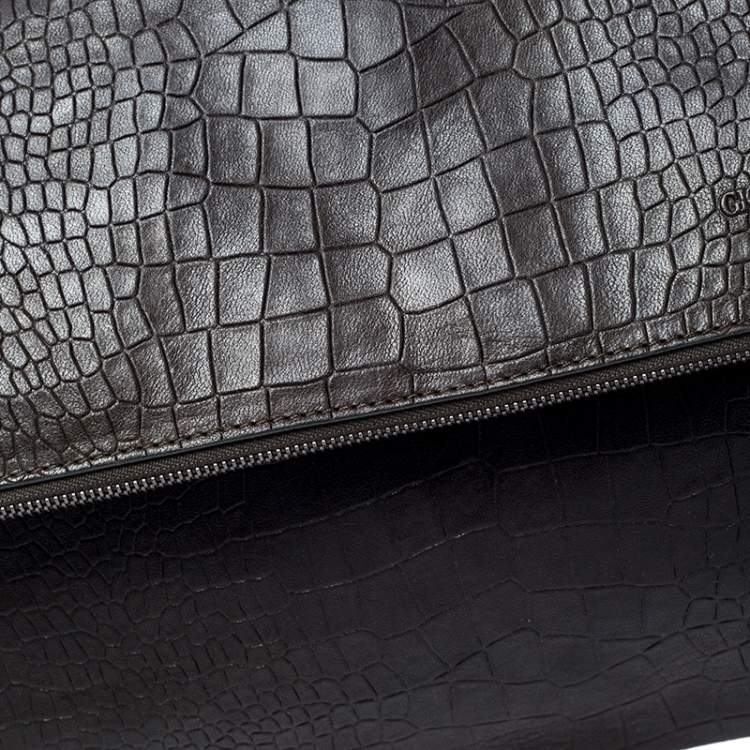 Pre Owned Giorgio Armani Dark Green Crocodile Embossed Leather Fold Over Document Case