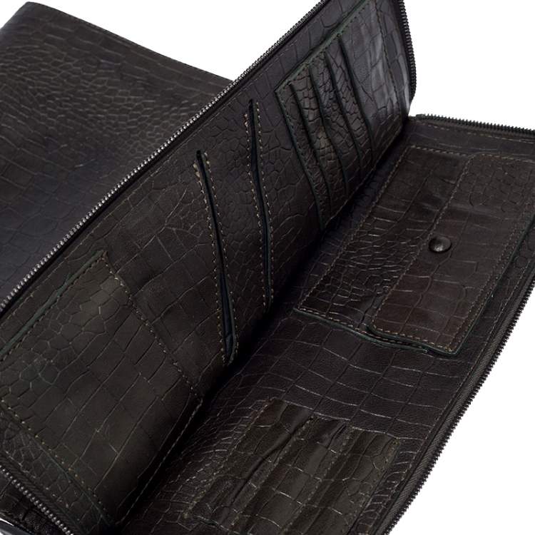 Pre Owned Giorgio Armani Dark Green Crocodile Embossed Leather Fold Over Document Case