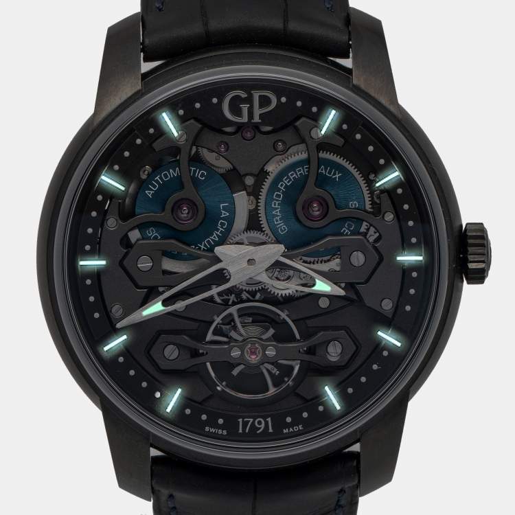 Pre Owned Girard-Perregaux Black Skeleton Titanium Alligator Leather Neo Bridges Earth To Sky Edition 8400-21-632-BH6A Men's Wristwatch 45 mm